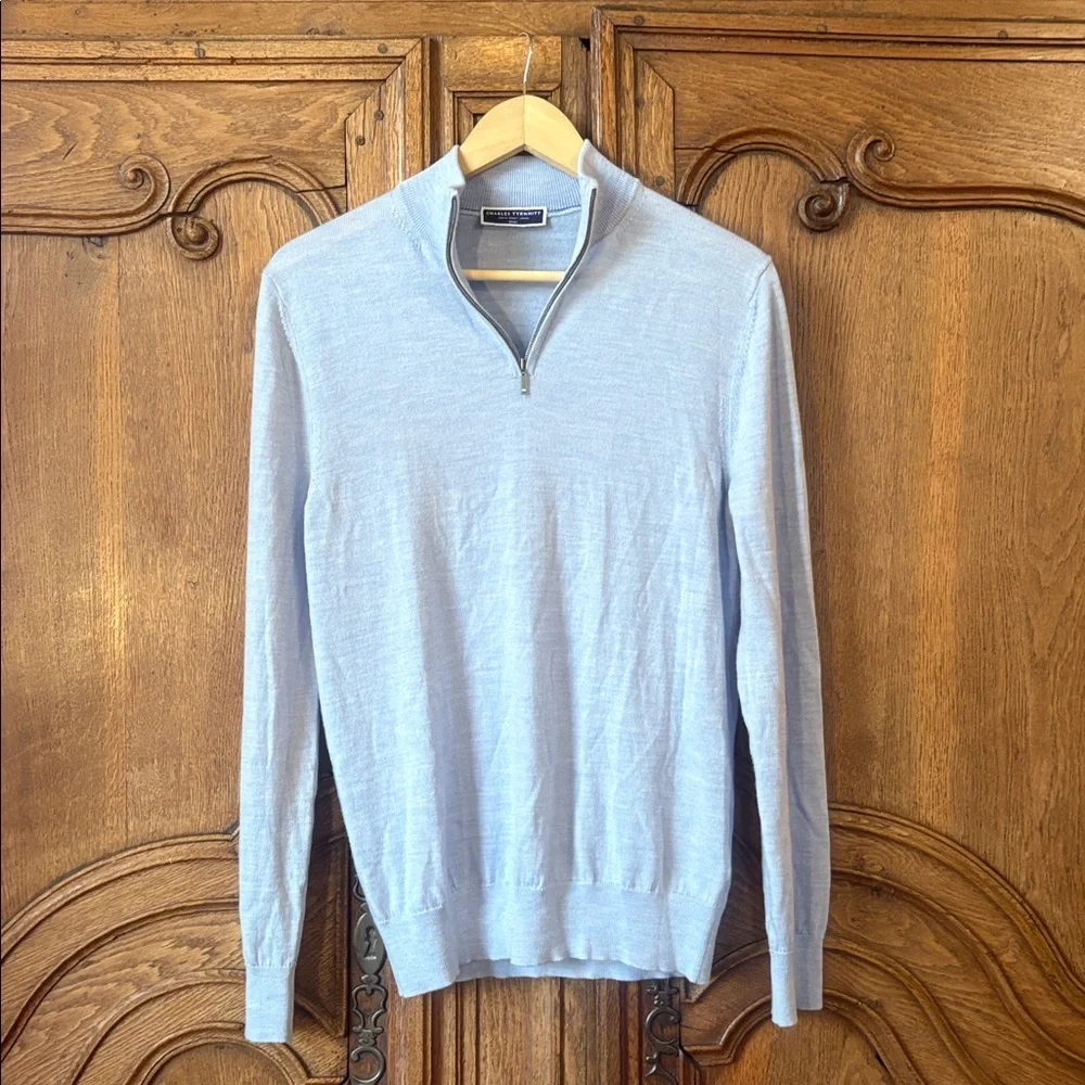 Charles Tyrwhitt Merino Wool Quarter Zip Mock Neck Blue Sweater